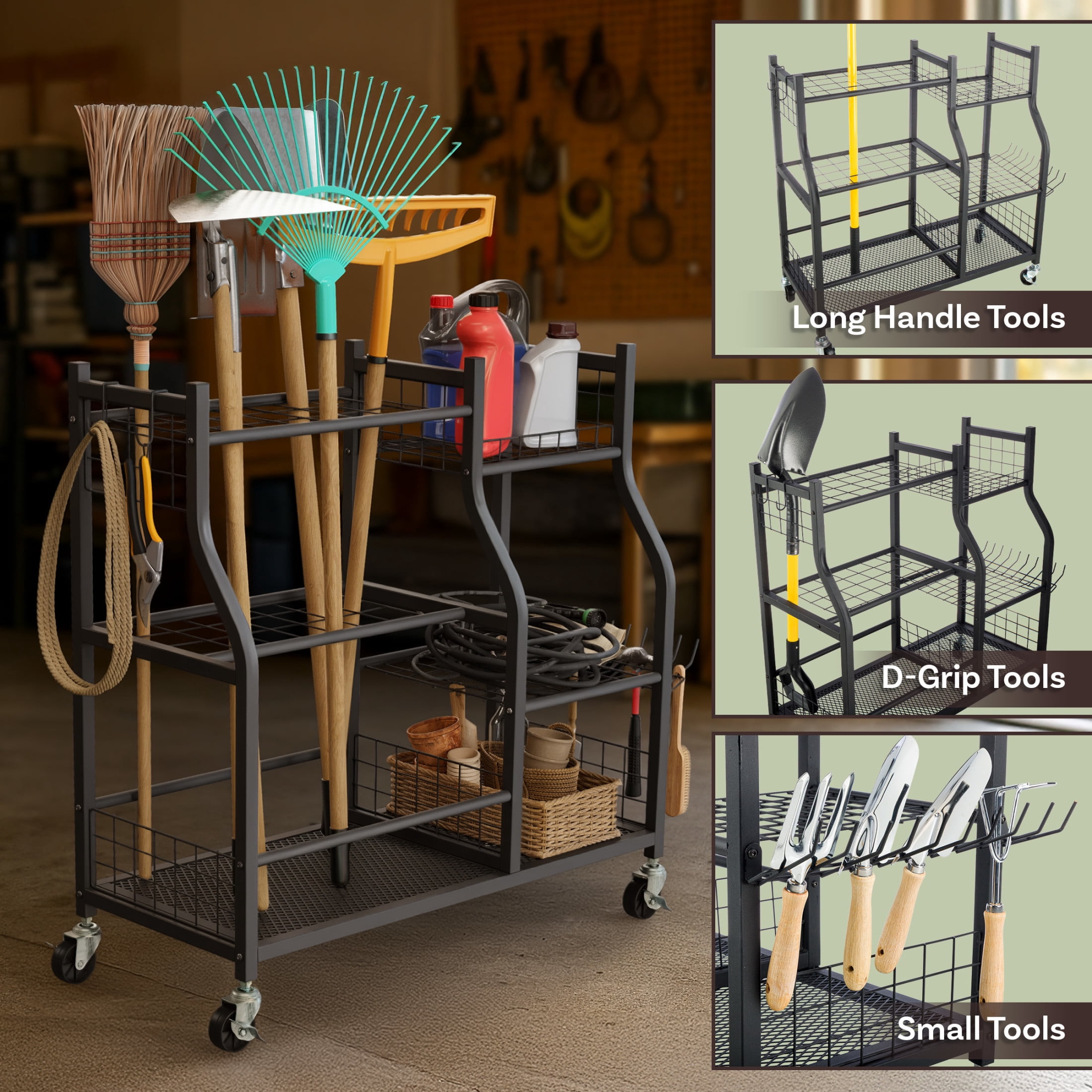 Pure Garden Garage Garden Tool Organizer with Wheels, 3 Shelves, 28 Slots for Long Handles and Hooks