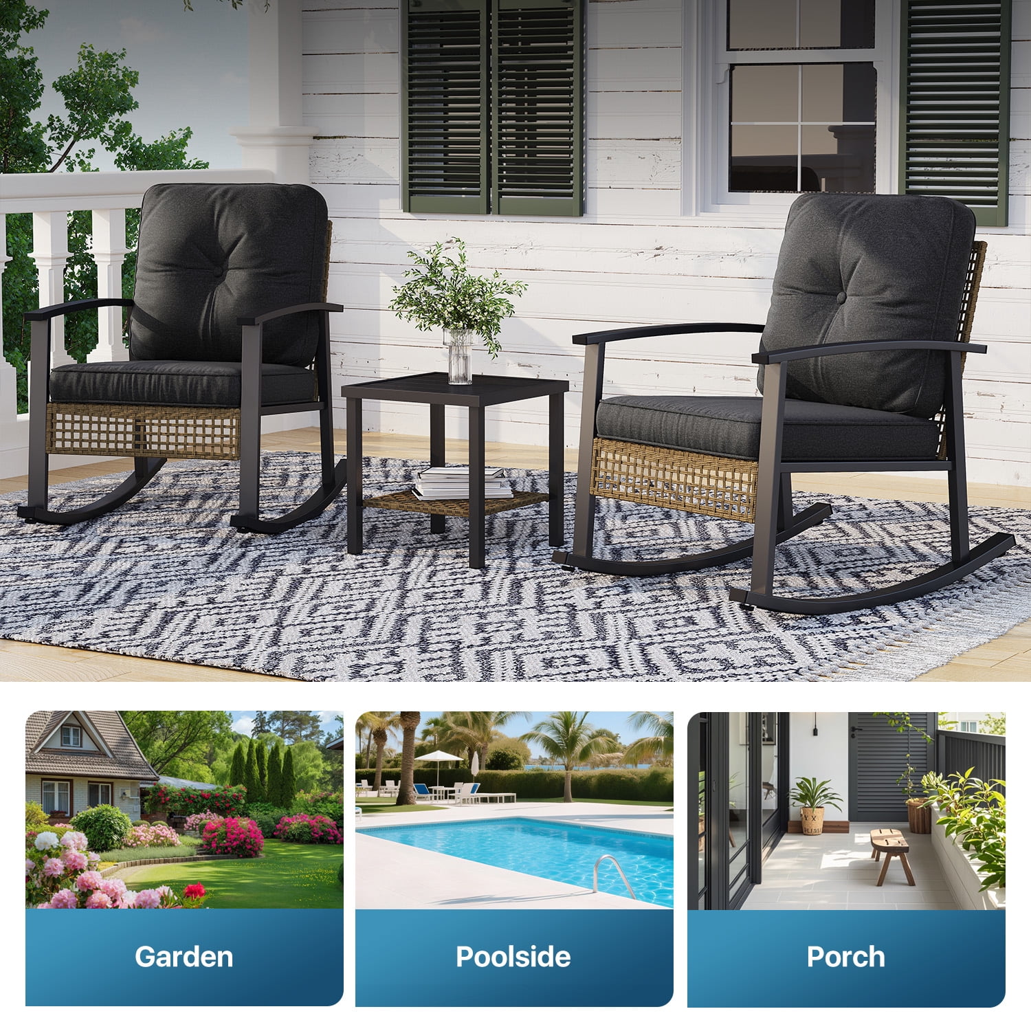 BaPiPro 3-Piece Outdoor Rocking Chair Set, PE Wicker Patio Furniture with Water-Resistant Cushions, Galvanized Steel Frame, 2-Tier Coffee Table, for Porch, Backyard, Poolside, Black