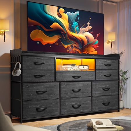 EnHomee Black Dresser with 11 Drawers Dressers for Bedroom TV Stand for 55" TV LED TV Stand with Charging Station Long Dresser with Shelves&4 Hooks,Black