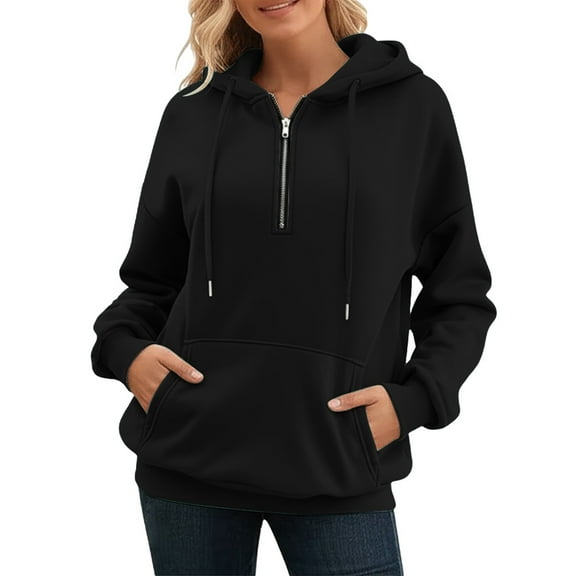 Cnbwig Hoodie for Womens Fashion Sweatshirt Fall Long Sleeve 1/4 Zip Solid Color Hoodie Pullover Drop Shoulder Loose Hooded with Pockets Trendy Shirts for Ladies Blouses A-Black L