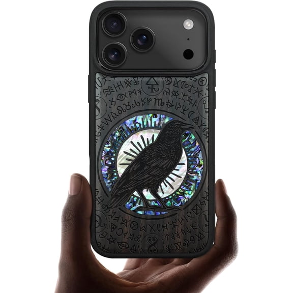 Case for iPhone 17 Pro Max Case, Artisan Design Shell Inlaid, TPU Shockproof Cover, The Haloed Crow-Black