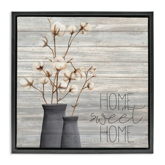 Stupell Industries Grey Home Sweet Cotton Flowers Botanical & Floral Painting Black Floater Framed Canvas Art Print Wall Art, 18 x 18