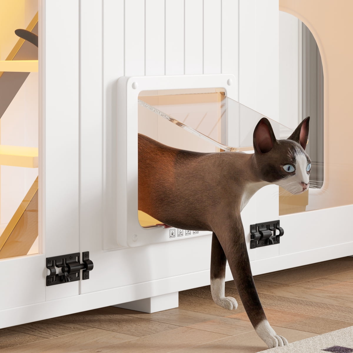 47.25 Large Cat Litter Box Enclosure Furniture with LED Light Hidden Litter Box Cabinet with Cat Scratching Post Stairs & Smart 4 Mode Door Cat House Side Table for Living Room White