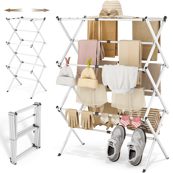 Clothes Drying Rack, KK KINGRACK Sturdy Extendable Laundry Drying Rack, Foldable Steel Drying Racks, White