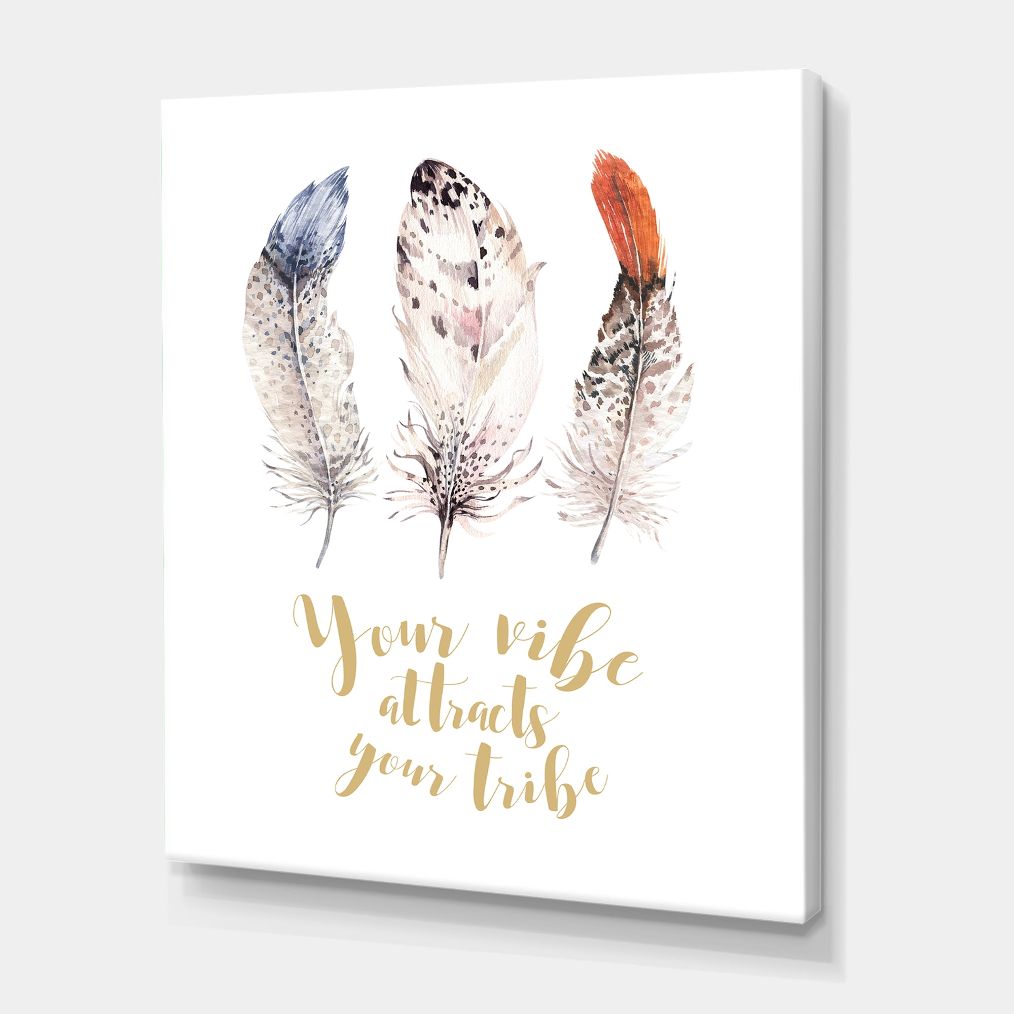 Designart ' Your Vibe Attracts Your Tribe Ethnic Feathers II ' Bohemian & Eclectic Canvas Wall Art Print