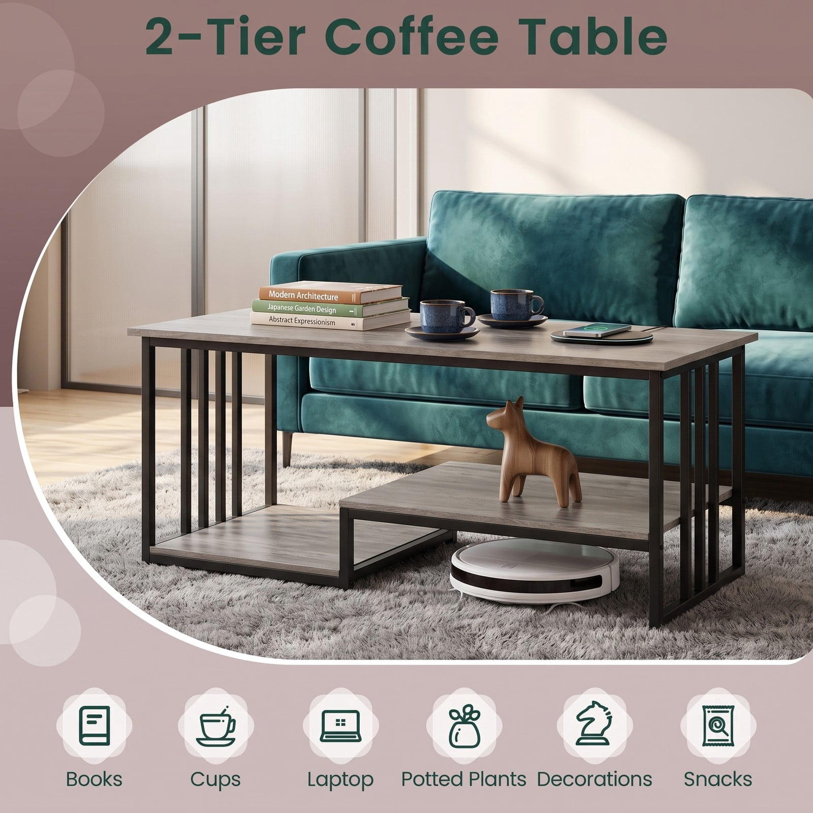 Furnibear 43.5" 2-Tier Coffee Table with Open Storage Shelf, Modern Rustic Wood and Metal Frame Center Table for Living Room, Rectangular Farmhouse, Oak and Black