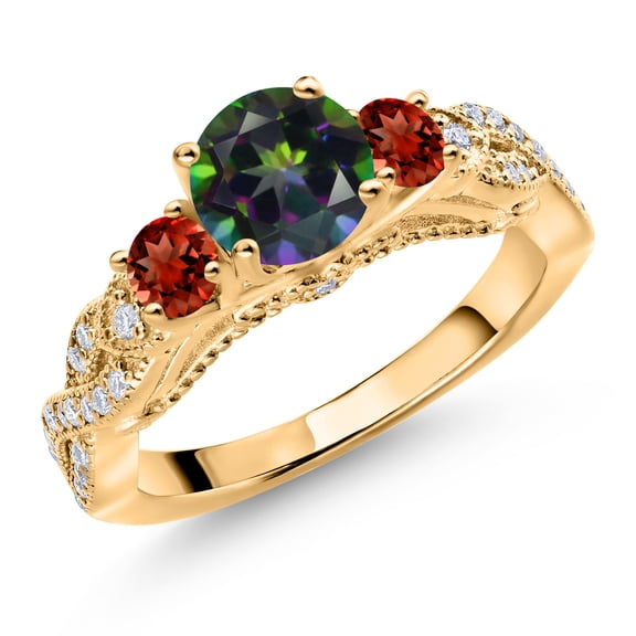 Gem Stone King 18K Yellow Gold Plated Silver Green Mystic Topaz Red Garnet and White Moissanite Engagement Ring for Women (1.57 Cttw, Gemstone, Round 6MM and 3MM, Size 7)