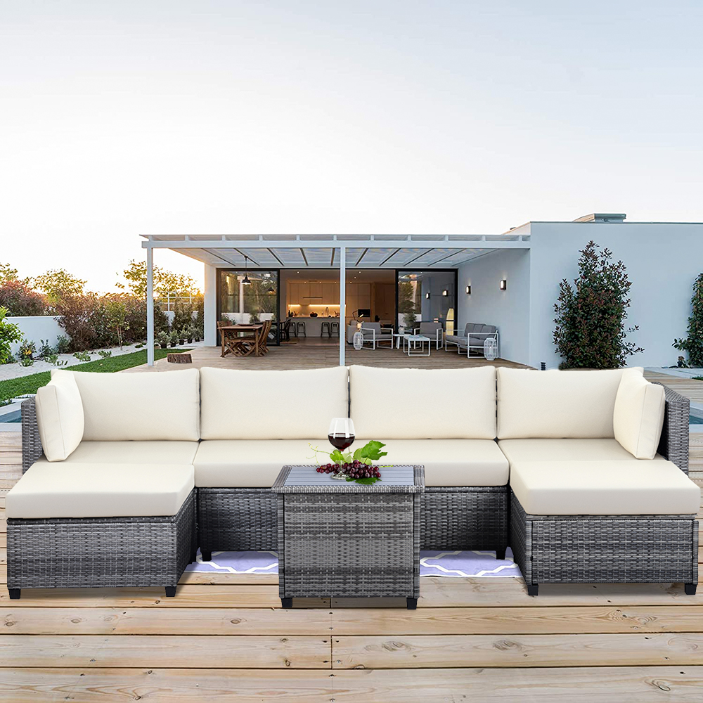 enyopro Patio Conversation Set, 7 Piece PE Wicker Furniture Chair Set with Table, Ottoman & Cushions, All-Weather Outdoor Cushioned Sectional Sofa Chairs, Rattan Sofa Set for Patio Deck Yard, K2598 - image 2 of 11