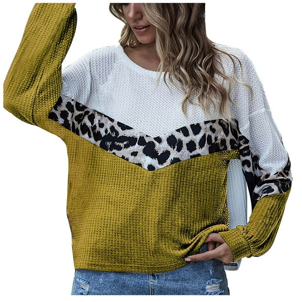 Camisa de moda para mujer Blusa suelta de empalme de leopardo Tops de manga larga con cuello redondo Fridja ghj987+480