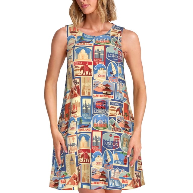 Easygdp Set Of Travel Vintage para Vestido Transpirable de Mujer, Vestido Suelto de Manga Corta con Pliegues y Bolsillos para el Verano