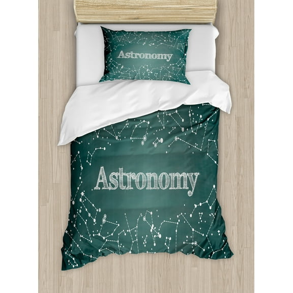 Constellation Duvet Cover Set, Astronomy Scientific Design Chalkboard Detailed Star Clusters, Decorative 2 Piece Bedding Set with 1 Pillow Shams, Twin Size, Green White, by Ambesonne