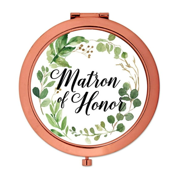 Koyal Wholesale Compact Mirror Matron of Honor Wedding Gift, Rose Gold, Greenery Green Leaves, 1-Pack