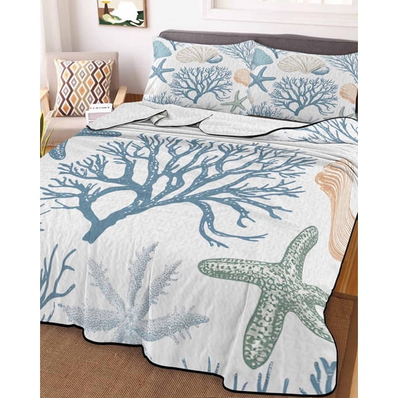 Blue Coastal King Size Down Alternative Comforter, Lightweight Comforter Quilt Bedding Set with Pillow Shams Nautical Coral Beach Starfish All Seasons Bed Comforter Duvet Insert 96"x106"