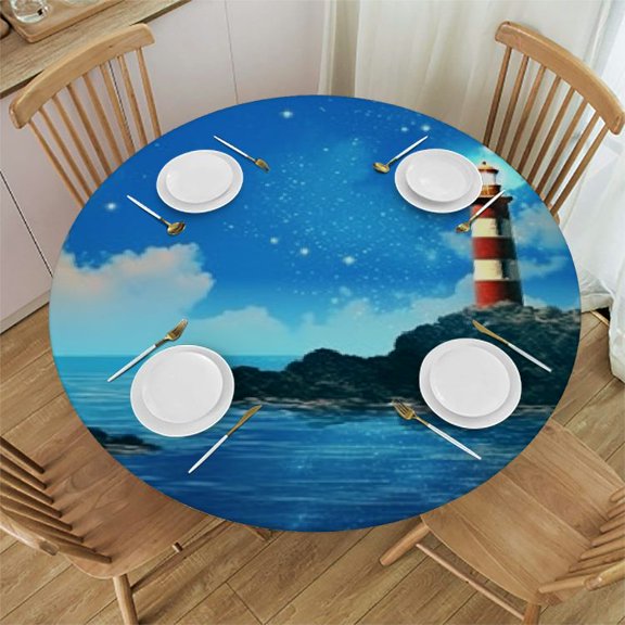 Sheronv Lighthouse Ocean Island Round Tablecloth 100% Polyester Table Cover with Elastic Edge Stain-Resistant Ideal for Indoor and Outdoor Restaurants, Weddings, Parties 31"-35