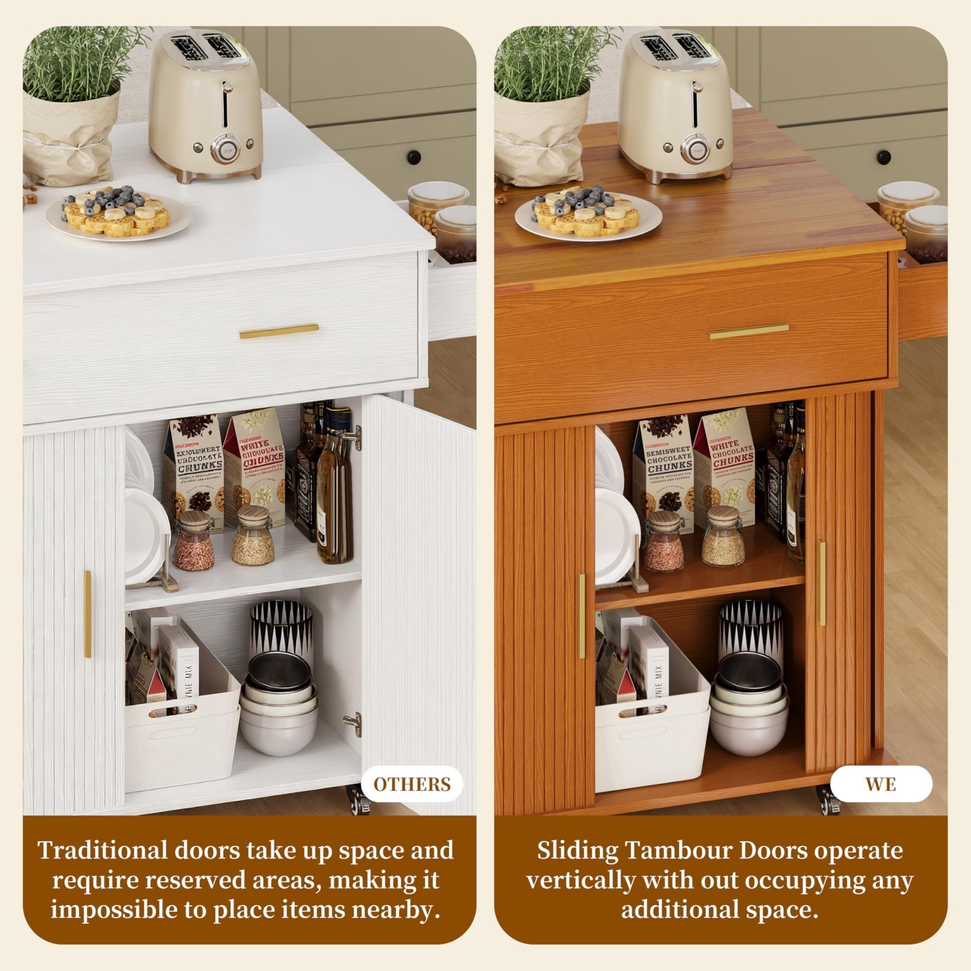 Rolling Kitchen Island Cart with Drop Leaf, Mobile Kitchen Cart on Wheels with Sliding Door, Drawer & Storage Rack, Yellow
