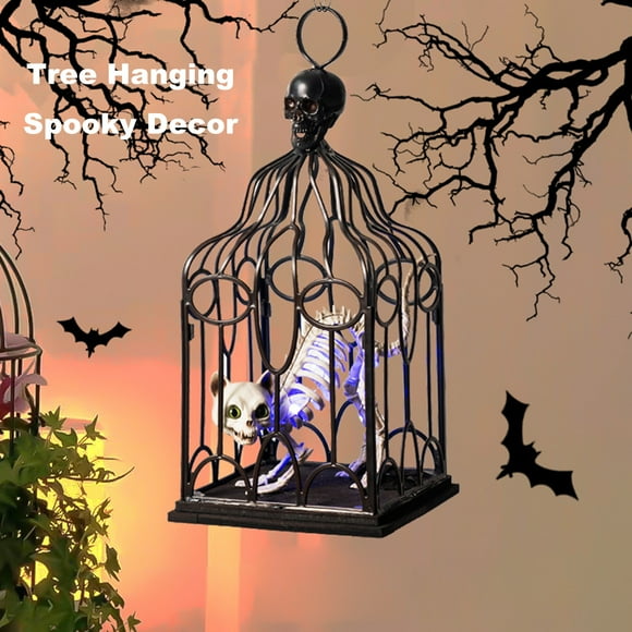 Halloween Hanging Cage Glowing Cat Skeleton in Cage Realistic Spooky Cage Pendant with LED Light Hanging Decor for Haunted House Halloween Decorations