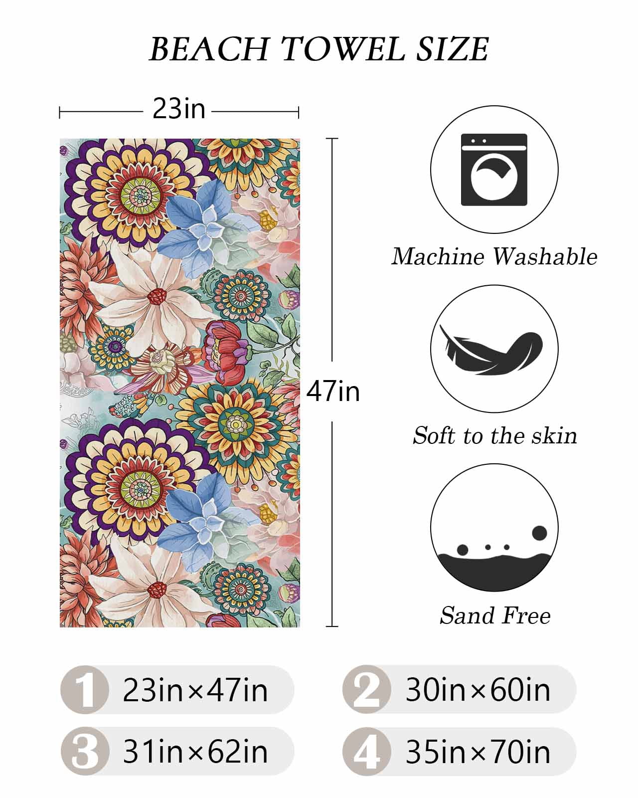 Boho Floral Beach Towels Oversized Super Absorbent, Bohemia Colorful Mandalas Botanical Flower Lightweight Bath Towel Quick Dry Sets For Bathroom/Pool/Rv Camping/Beach Play/Gym Room/Picnic 30"x60"