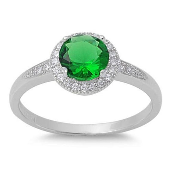 Accented Round Simulated Emerald Cubic Zirconia Ring Sterling Silver 925