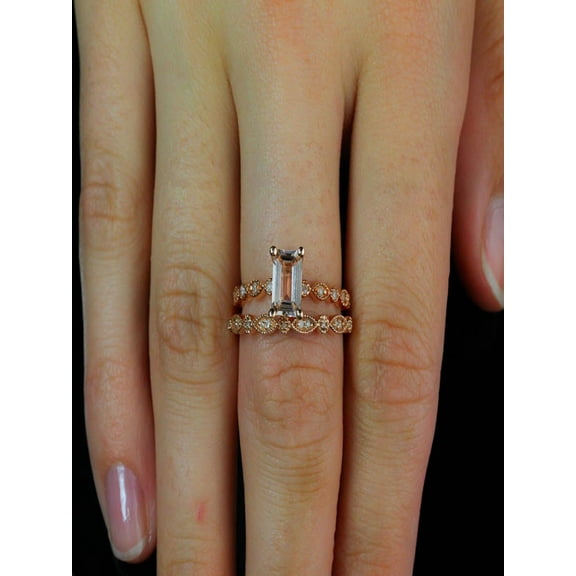 Sale 1.50 carat Antique milgrain Morganite and Diamond Affordable Bridal Wedding Ring Set in Rose Gold for Women