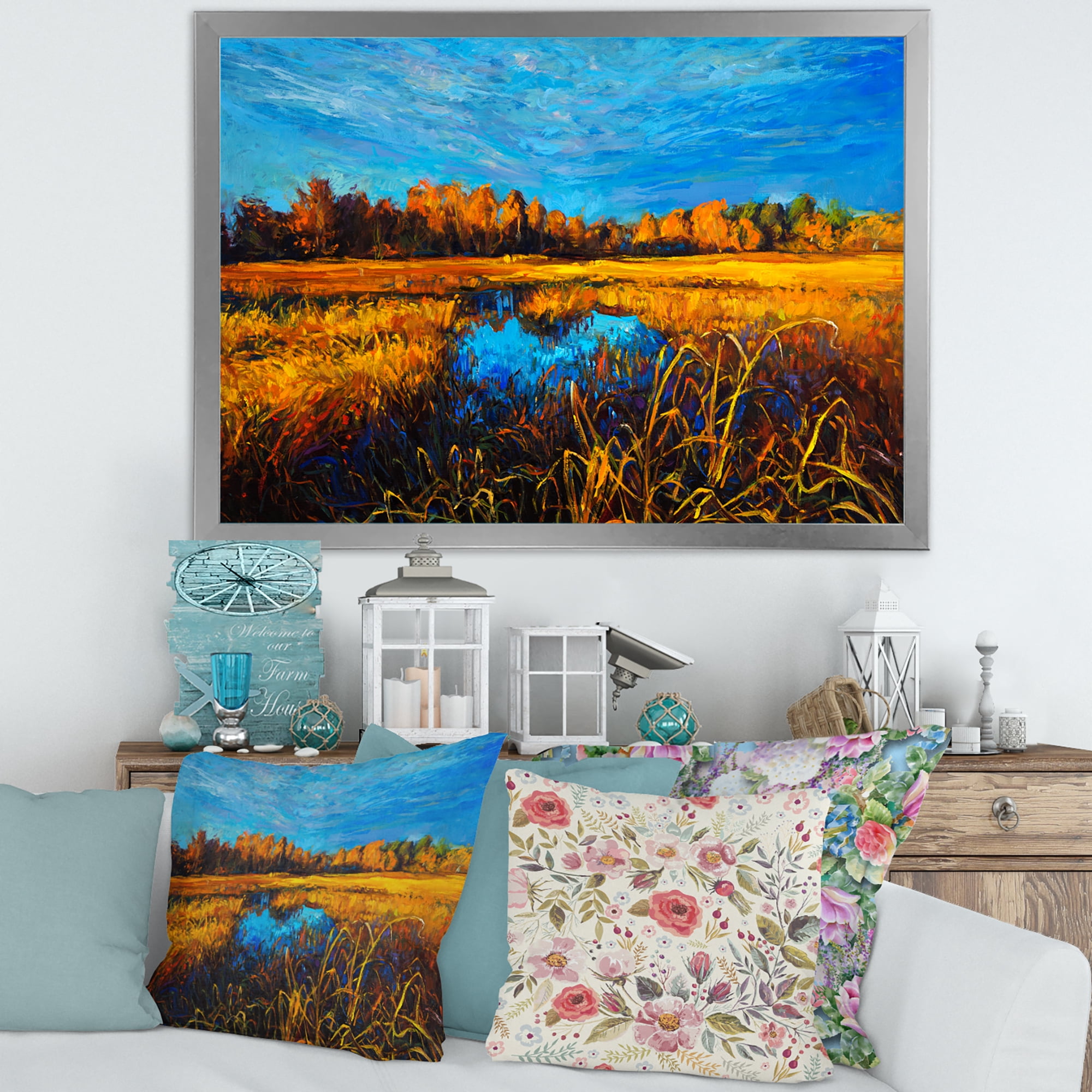 Designart 'A Light Blue Sky Over Orange Meadows' Traditional Framed Art Print