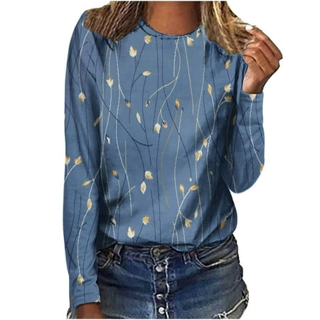 Amtdh Women s Graphic T-shirts Clearance Floral Print Long Sleeve Crew Neck Fall Tops Plus Size Loose fit Lightweight Casual Pullover Fashion 2023 Teen Girls Cute Clothes Blue M