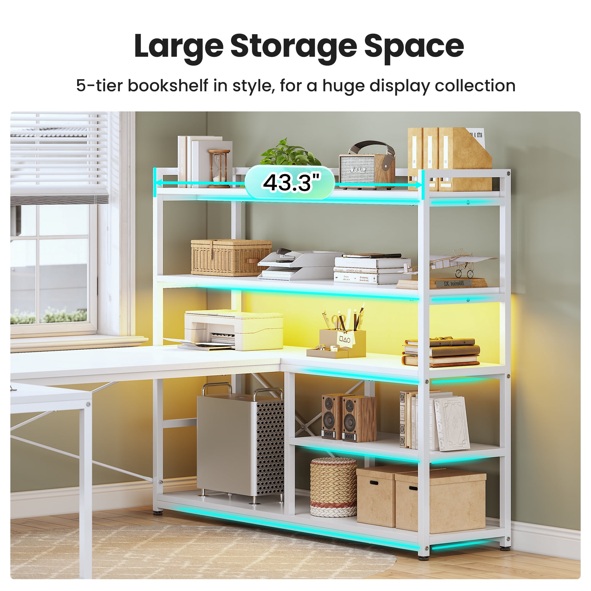 63 Inch U-Shaped Desk with Power Outlet & LED Lights, Reversible Gaming Desk with 5-Tier Storage Shelves, Computer Desk with Spacious Desktop, Corner Desk for Home Office, White