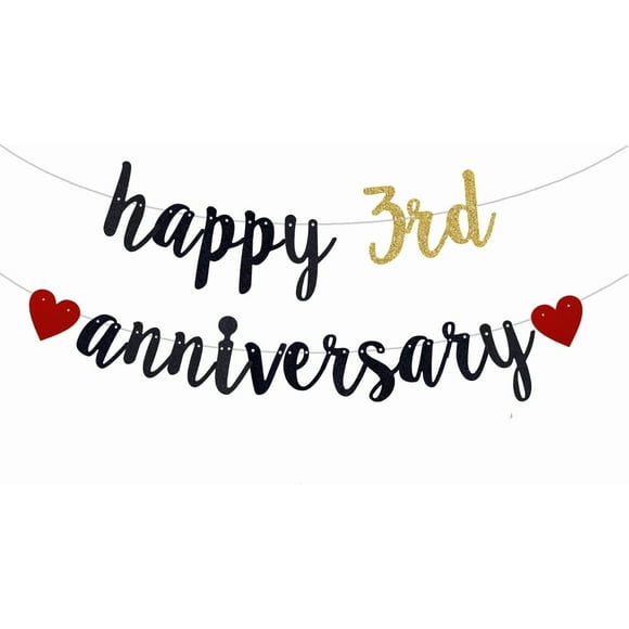 Happy 3rd Anniversary Banner,3th Wedding Anniversary Party Bunting Decoration,3th Birthday, 3th Anniversary Party Garlands.(Black & Gold) Already threaded.