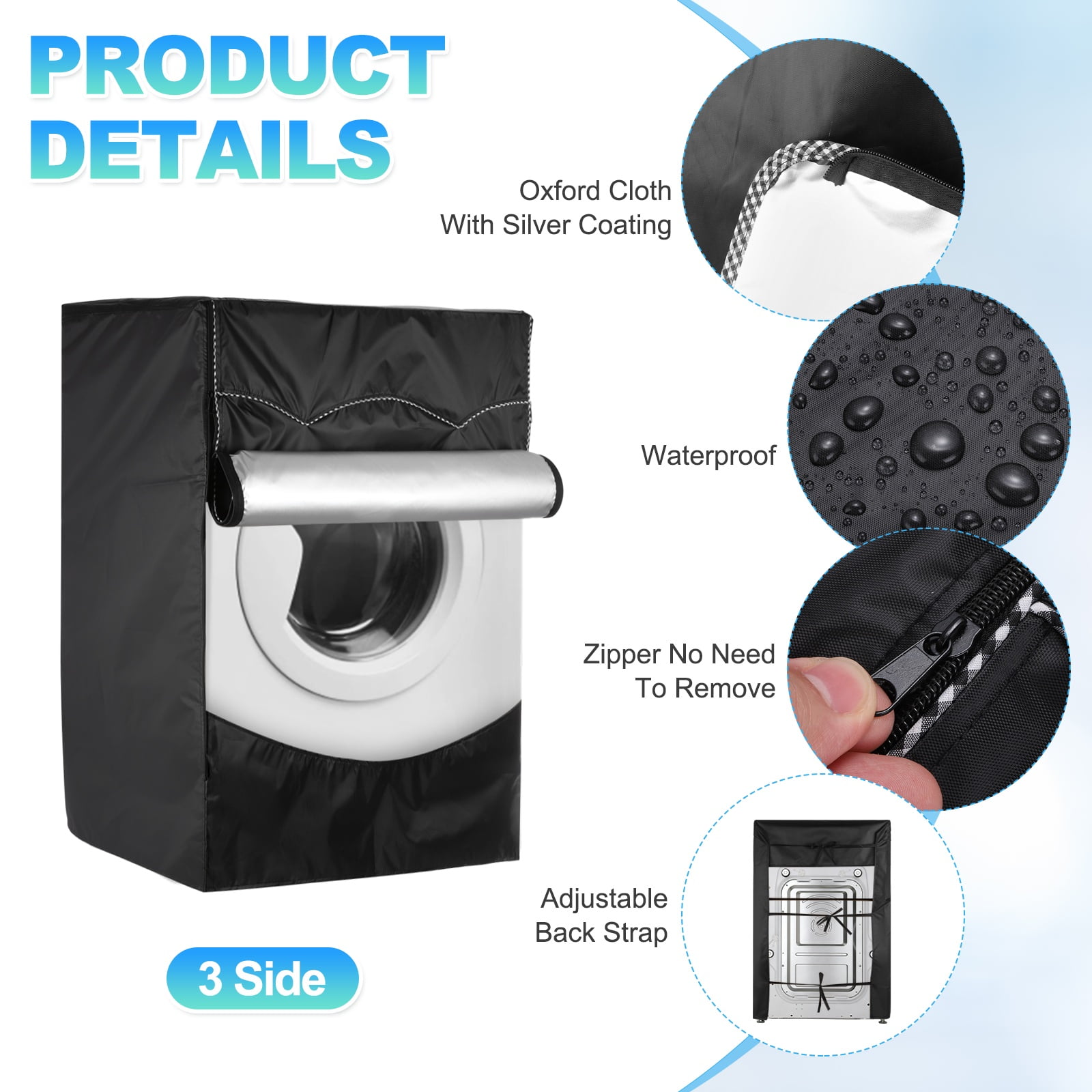Uxcell Washer and Dryer Covers 24"x22"x33"- Waterproof, Dustproof, Sun-Proof Front-loading 3 Side Washing Machine Cover with Zipper for Laundry Room Balcony, Black