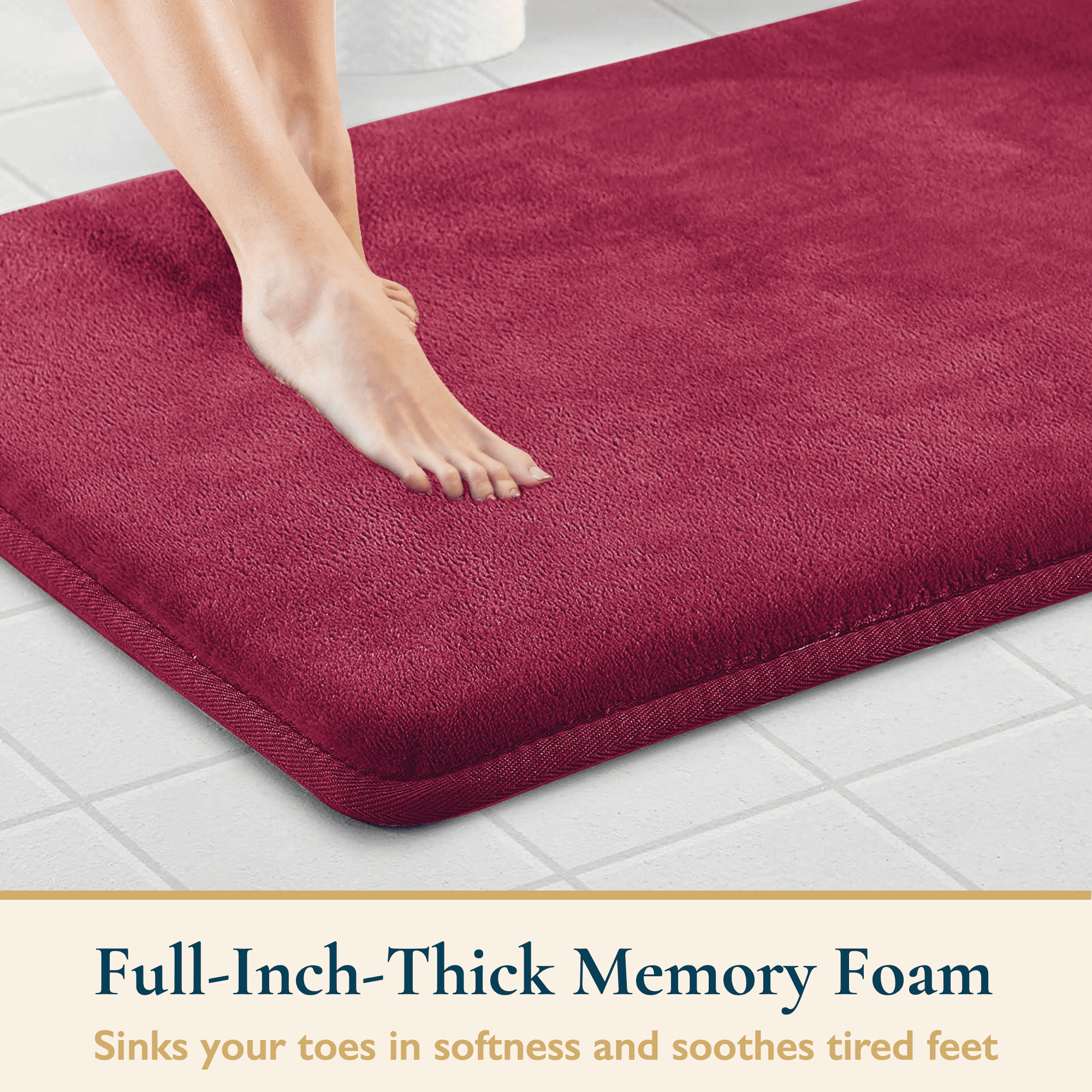 ComfiTime 2 Piece Bathroom Rugs Set – Thick Memory Foam, Non-Slip Bath Mat, Soft Plush Velvet Top, Ultra Absorbent, Small, Large & Long Rugs for Bathroom Floor, Burgundy, 20*32, 2PCS