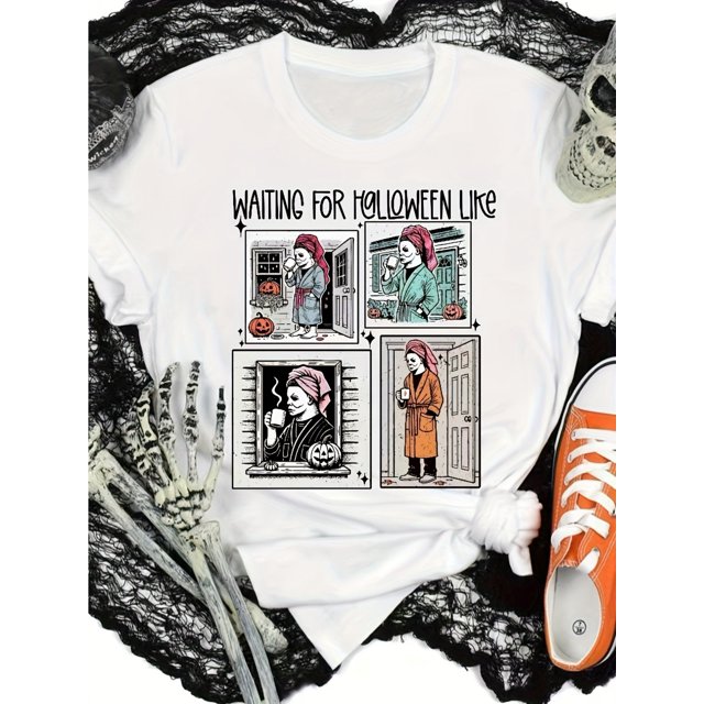 Halloween Countdown 100% Cotton T-Shirt, Casual Crew Neck with Slight Stretch, Halloween Movie Characters Graphic Tee, Knit Fabric, Unisex All-Season Alphabet Pattern Top