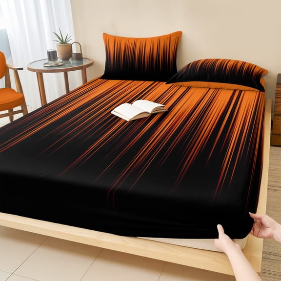 Cal.King Size Fitted Sheet Set - Burnt Orange Black Ombre 3 Piece Bedding Sets 16" Deep Pocket Fitted Sheet with 2 Pillowcases, Modern Abstract Striped Gradient Brushed Microfiber Hotel Bed Sheets