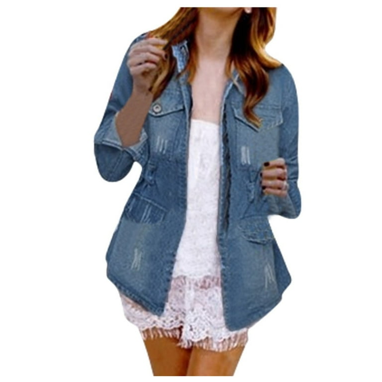 KI 8jcuD Plus Casual Jacket Size Women s Ladies Pocket Oversize Denim Chain Coat Jeans Women Suits Sets Crop Top Jean Jacket Women Sleeve Casual Crop