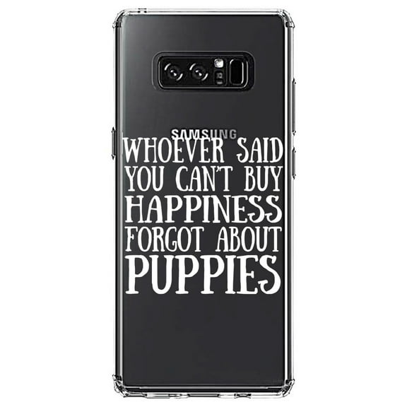 DistinctInk Clear Shockproof Hybrid Case for Samsung Galaxy Note 8 - TPU Bumper Acrylic Back Tempered Glass Screen Protector - Can't Buy Happiness Forgot About Puppies