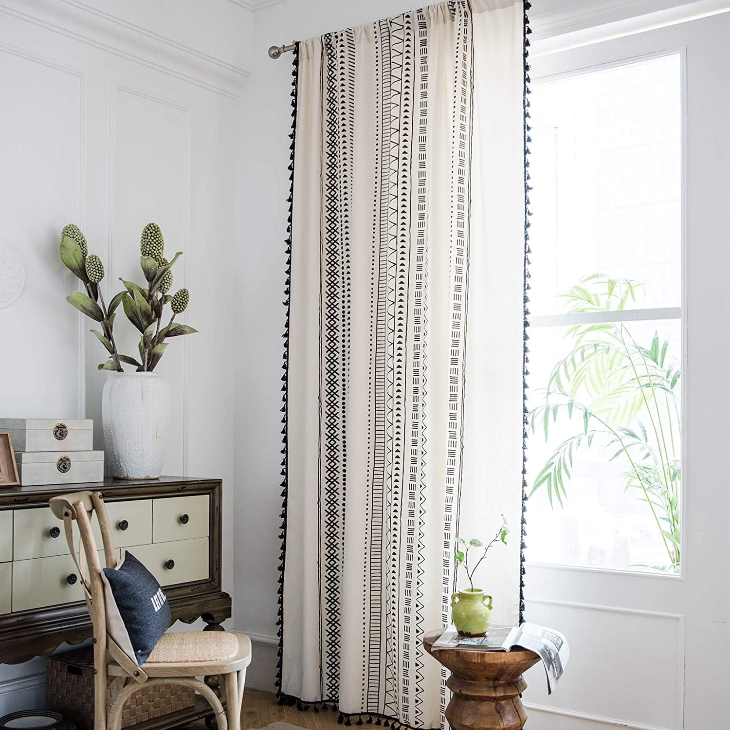 Boho Cotton Linen Curtain with Tassels Geometric Print Farmhouse