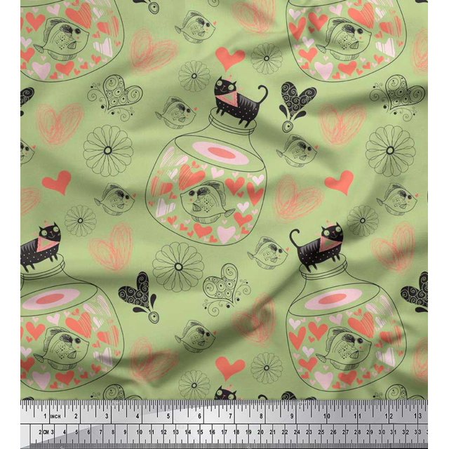 Soimoi Poly Georgette Fabric Floral,Pot & Cat Kids Print Fabric by The Yard 52 Inch Wide