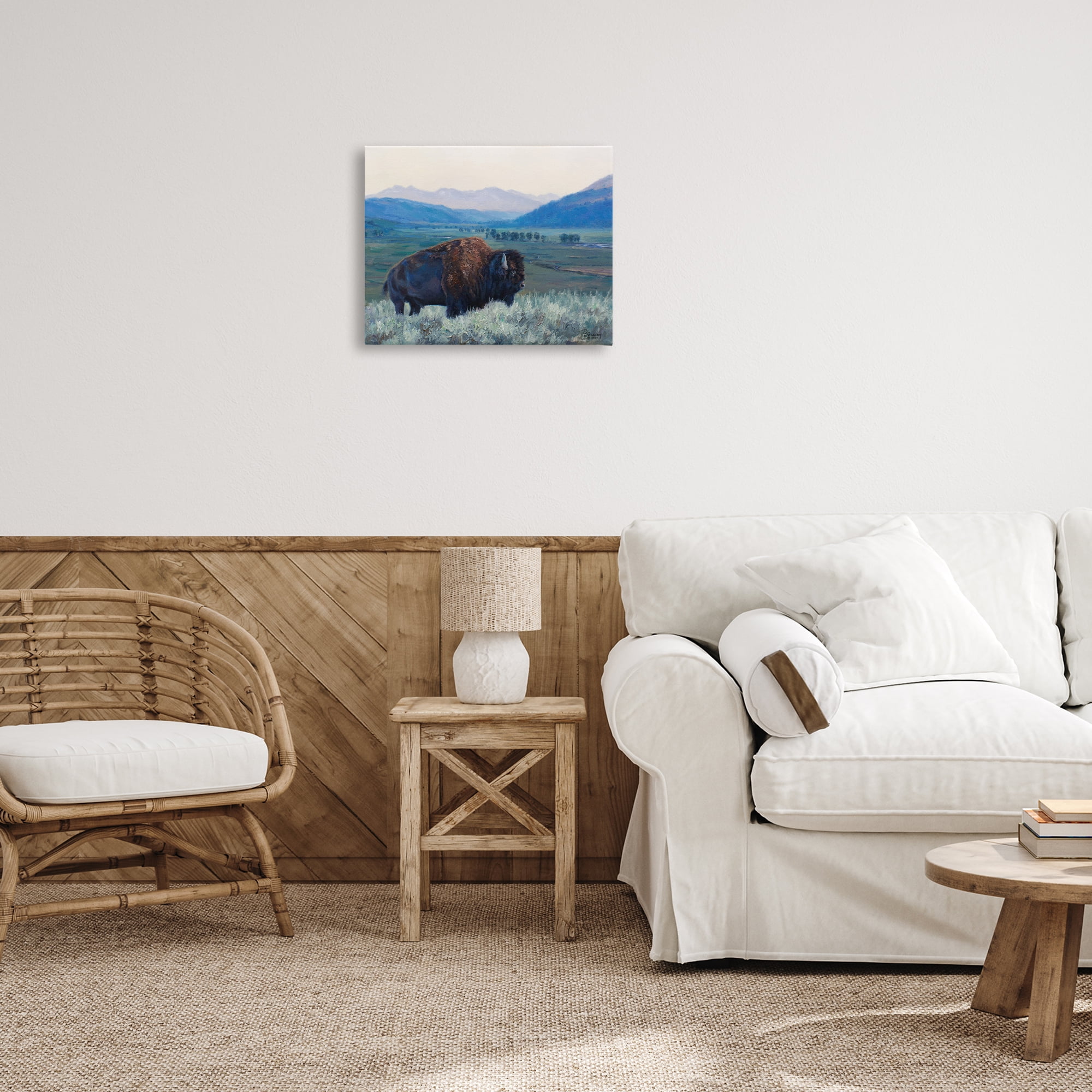 Stupell Industries Bison & Country Mountains Animals & Insects Painting Gallery Wrapped Canvas Art Print Wall Art, 20 x 16