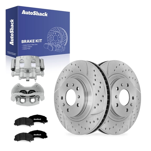 AutoShack Front Vented Drilled & Slotted Silver Zinc Coated Brake Rotors   Premium Ceramic Pads   Calipers 8-PC Brake Kit Replacement for 2012-2013 Chevrolet Impala SilverShield Pro 12.72" (323.2 mm)