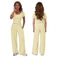 thumbnail image 2 of Ruyang Kids Girls 2 Piece Outfit Crew Neck Short Sleeve Top and Wide Leg Pants Summer Teens Solid Casual Sweatsuit Set, 2 of 9