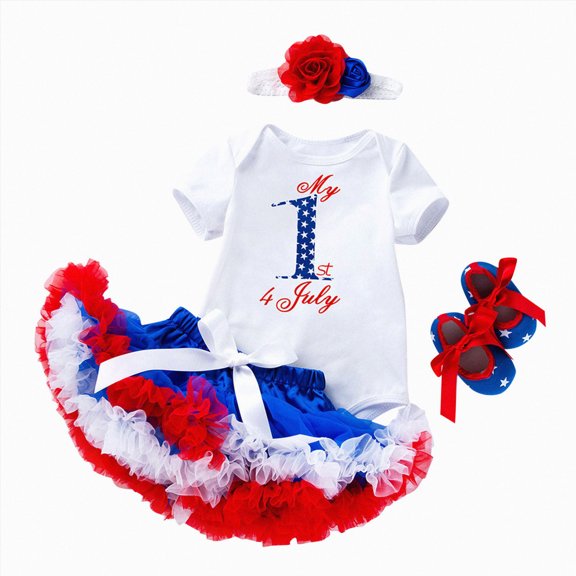 Paguaki Infant Girls 4th Of July Short Sleeve Letter Print Romper Bodysuit Skirt Headband Shoes 4 Piece Outfit Set