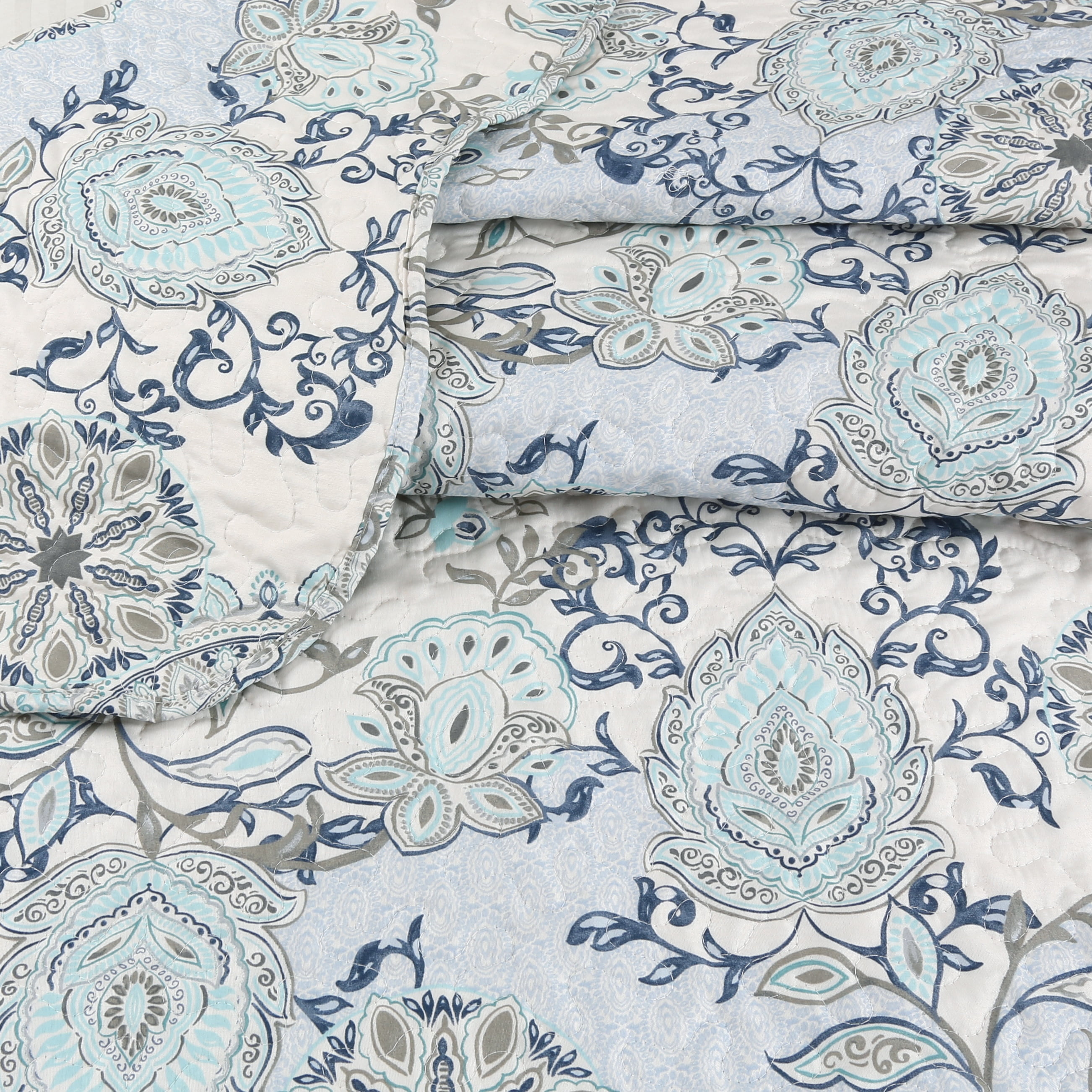Marina Decoration Rich Printed Stitching Coverlet Bedspread Ultra Soft Summer Bedding Quilt Set with Quilted Sham, Blue Branch Damask Mandala Floral Pattern