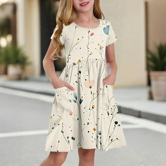 XADYUY Girl's Summer Twirly Dress Twirly A-Line Short Sleeve Midi Dress Floral Pleated Crew Neck Swing Skirt with Pockets for 4-14t Kids,Beige 12-13 Years