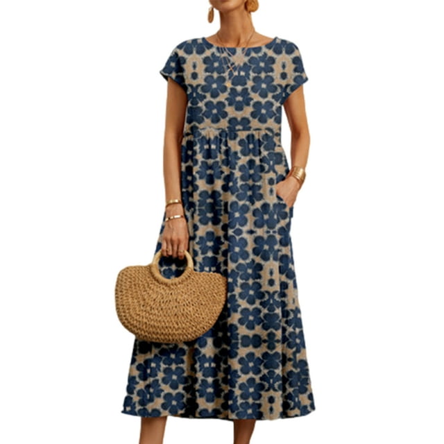 Innerwin Robe d'Été de Plage à Manches Courtes pour Femmes Robe Longue de Soirée Col Rond Kaftan Maxi Robes Fleur Bleue S