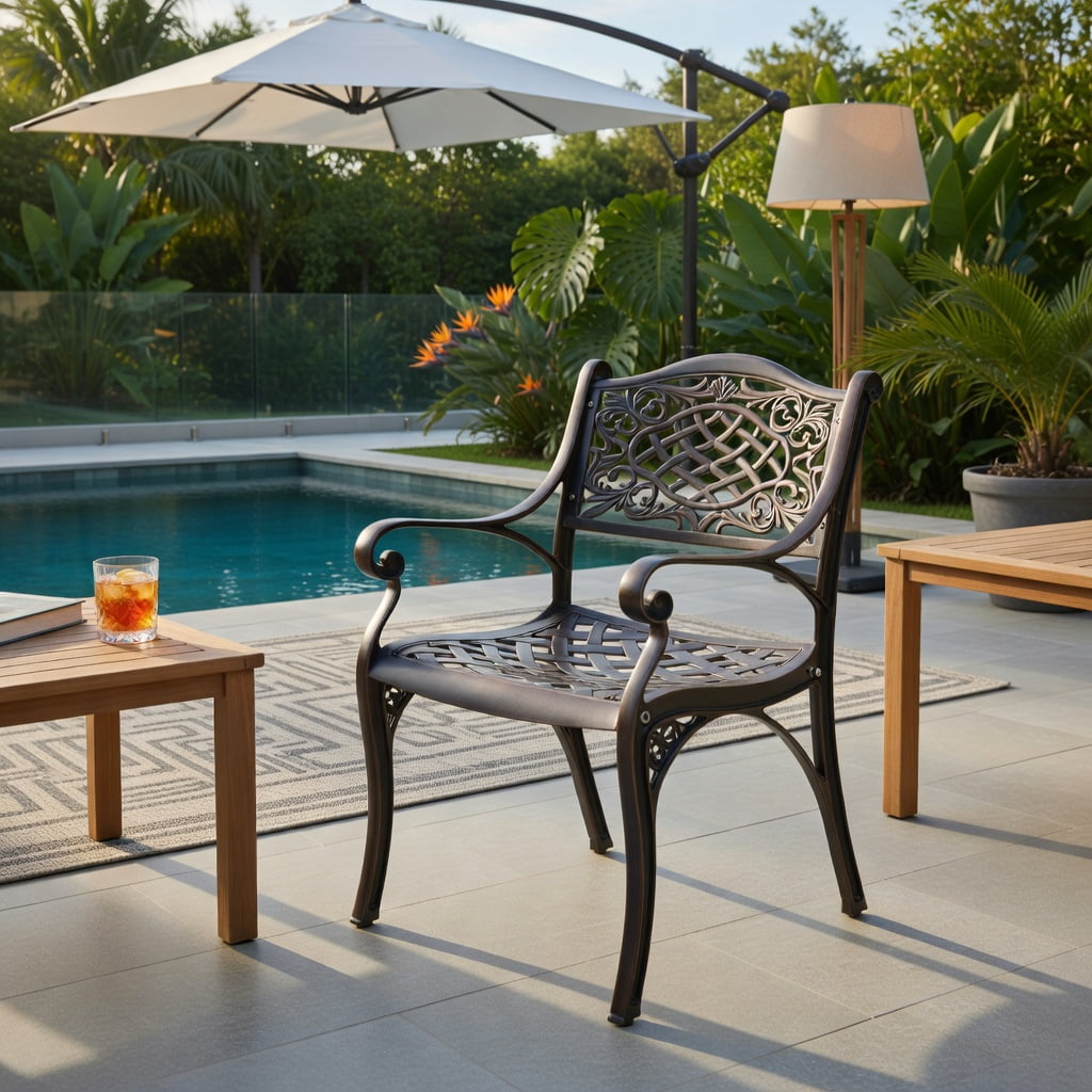 Hommoo 2-Pack Outdoor Cast Aluminum Dining Chairs with Ergonomic Armrests, Curved Breathable Seats & Adjustable Feet, Black