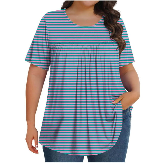 Olyvenn Hauts pour Femmes Grande Taille T-Shirts d'Été Basiques Manches Courtes Col Rond Tunique Décontractée Coupe Ample T-Shirts de Plage à Rayures Graphiques Bleu Marine TTTTG