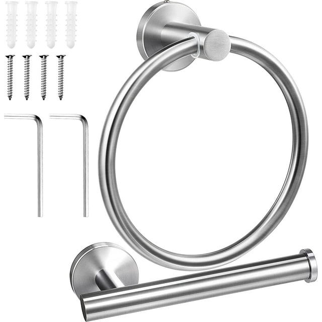 2 Pièces Argent Toilette Salle de Bain Matériel Ensemble Brosse Serviette Anneau Rond Porte-Serviettes Crochet Anneaux en Acier Inoxydable Barre de Papier Toilette Support de Papier pour Mur Monté Salle de Bain Cuisine Salle de Douche