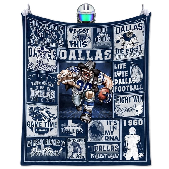 Cowboy Football Throw Blanket 60 x 50 Inch, Navy Blue and White Sports Theme Blanket with Football Player Graphic, Cozy Decorative Throw for Couch Bed Bedroom Game Day