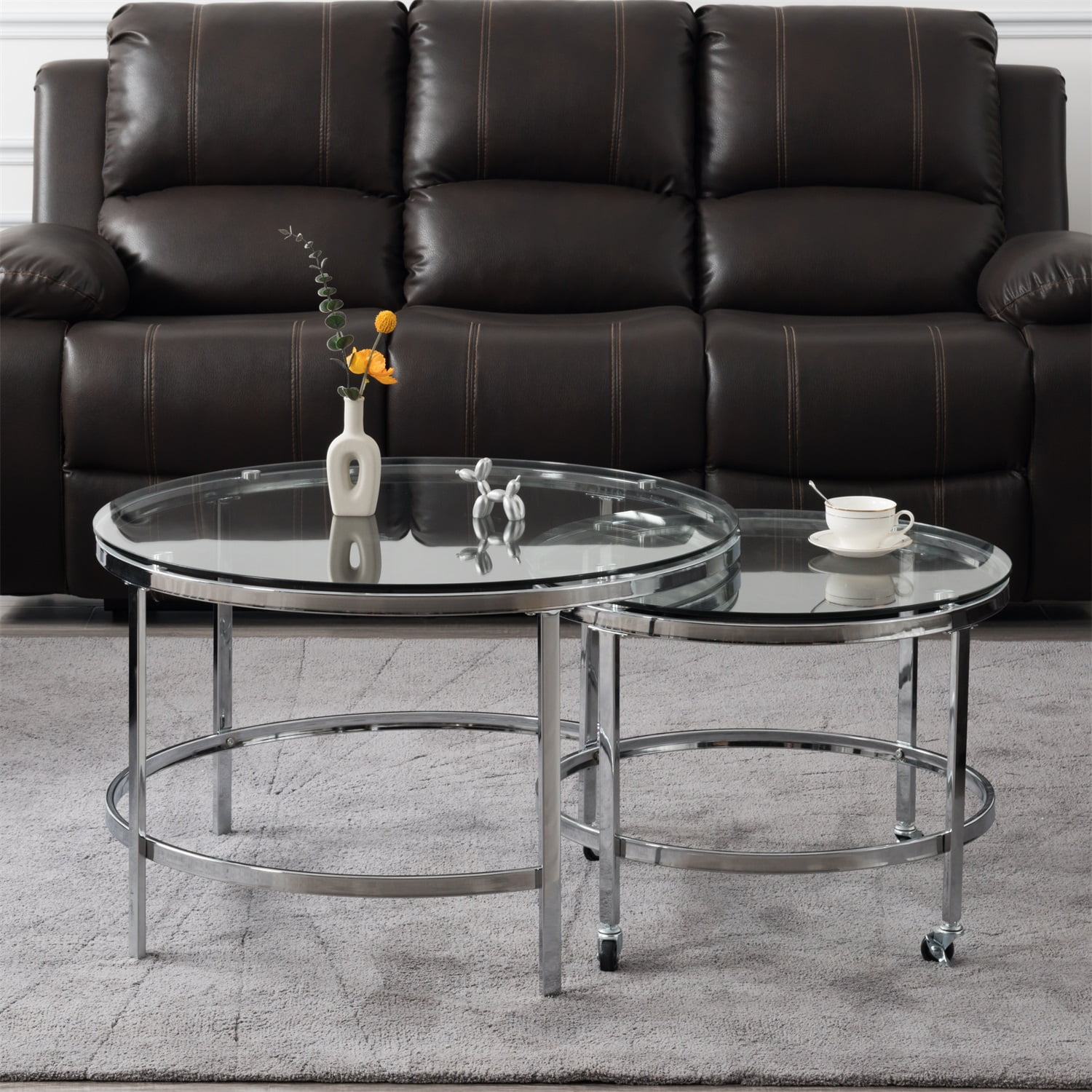 Kadyn Modern 2PCS Nesting Table Set，Transparent Glass End Table with Sliver frame, Iron Glass coffee table for Living Room, Silver