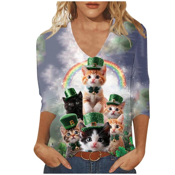 Women 3/4 Sleeve Tunic Blouse,Tie Dye St Patricks Day Shirt Women Irish Shamrock 3/4 Sleeve Tops Saint Patricks Day Green Clover Tshirts