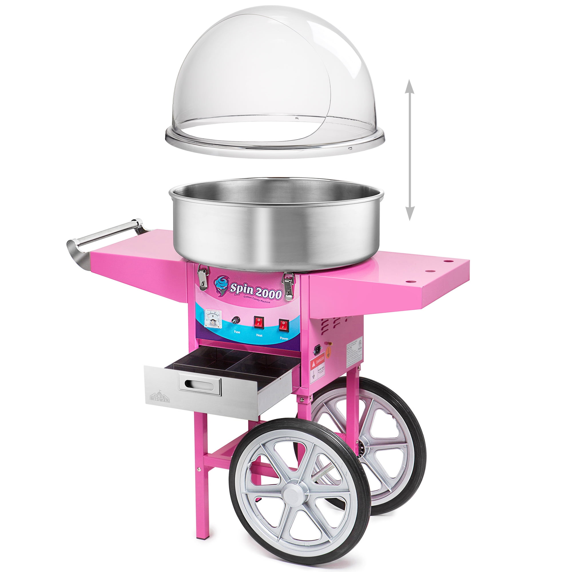Olde Midway Cotton Candy Machine with Cart and Bubble Shield, Electric Candy Floss Maker