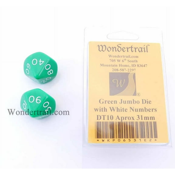 Green Jumbo Dice with White Numbers DT10 31mm (1.25in) Pack of 2 Wondertrail